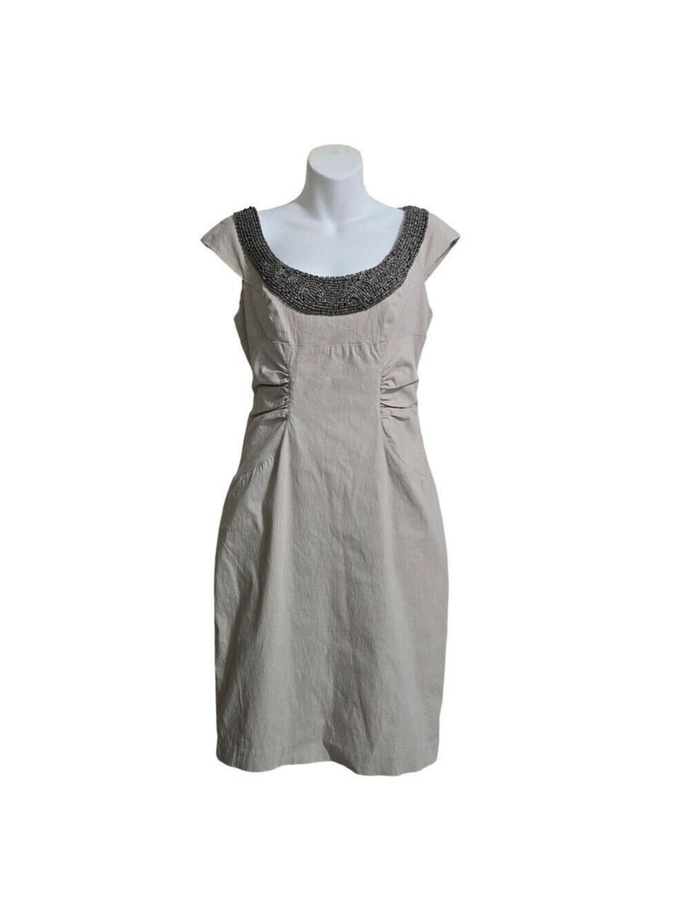 Adrianna Papell Beaded Neckline Side Ruched Tan Pencil Dress Sz 4